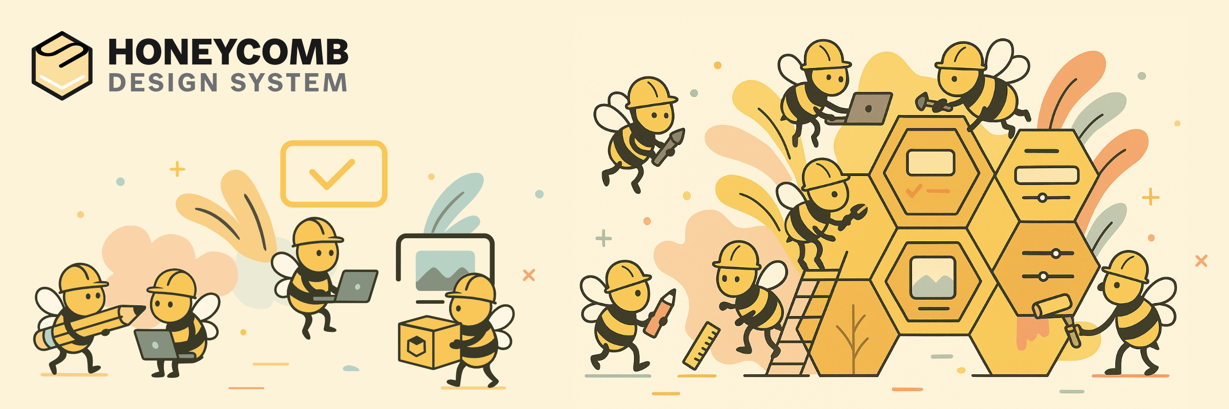 Honeycomb Design System banner image with a group of bees working together